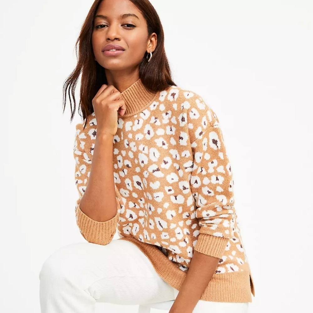 Ann Taylor Loft Brown Leopard Print Turtleneck Tunic Sweater Metallic Sz XL New
